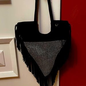 Black Fringe Studded Rhinestone Shoulder Tote Bag